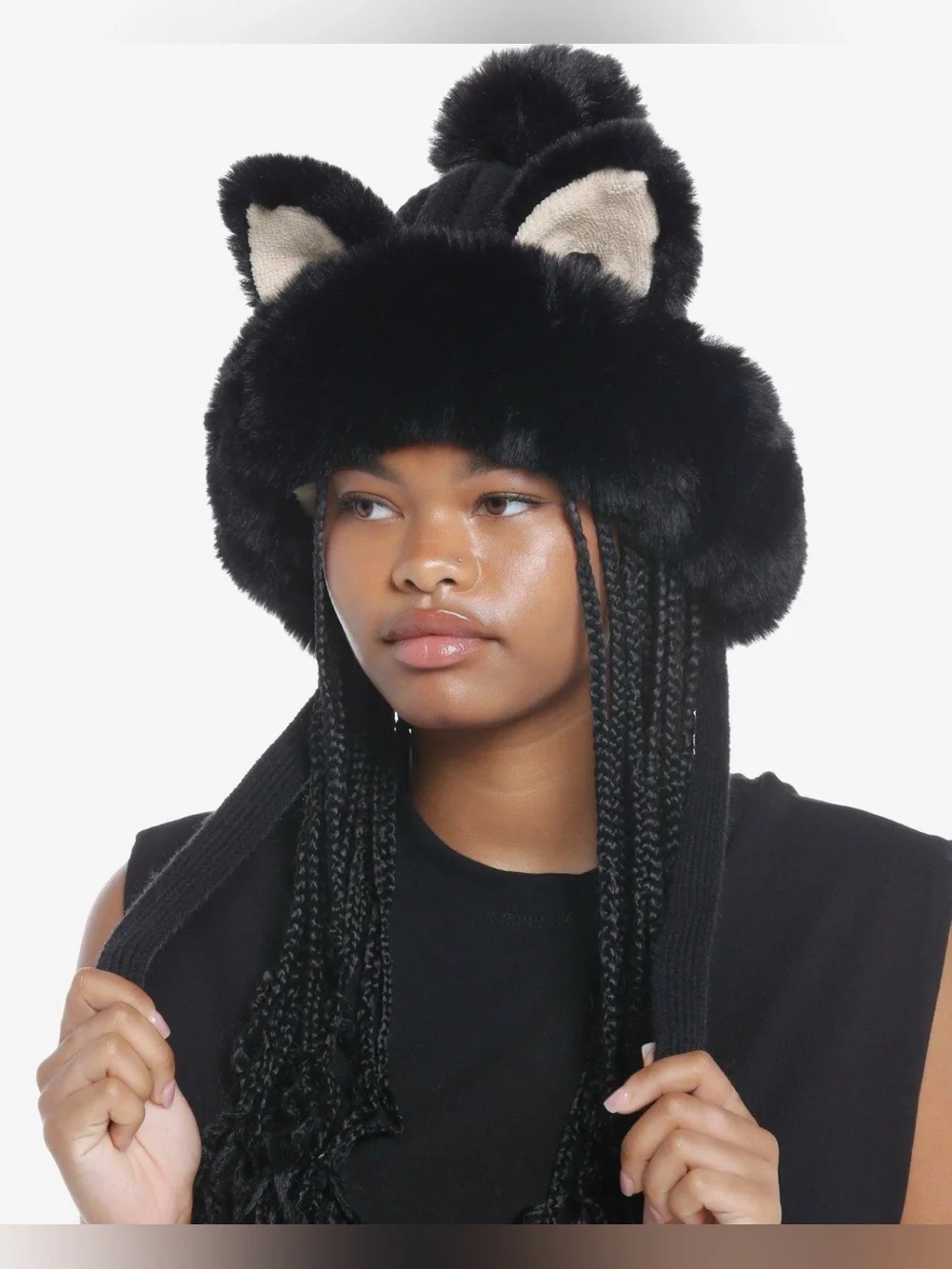 NWT Hot Topic Cat ears Fur Faux Pom beanie hat